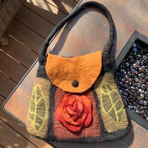 Black wool with embroidered flowers shoulder bag